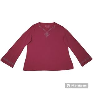 Women's Arizona Jeans Pink with Silver Gray Embroidery Long Sleeve Top XXL Tee